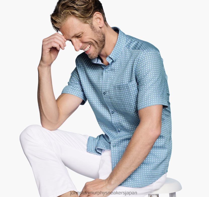 衣服 jp Johnston & Murphy ユニセックス テクスチャードコットン 半袖シャツ 青/緑のひし形の円 220460432